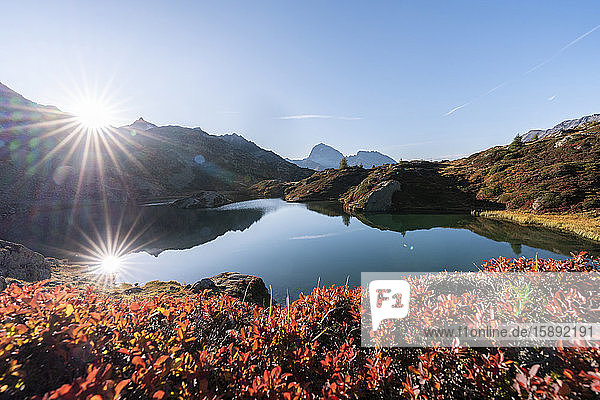 Schweiz  Kanton Graubünden  Ufer des Sees Crap Alv Lajets bei herbstlichem Sonnenuntergang