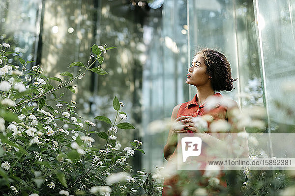 Porträt einer nachdenklichen jungen Frau  die im Stadtgarten steht und nach oben schaut