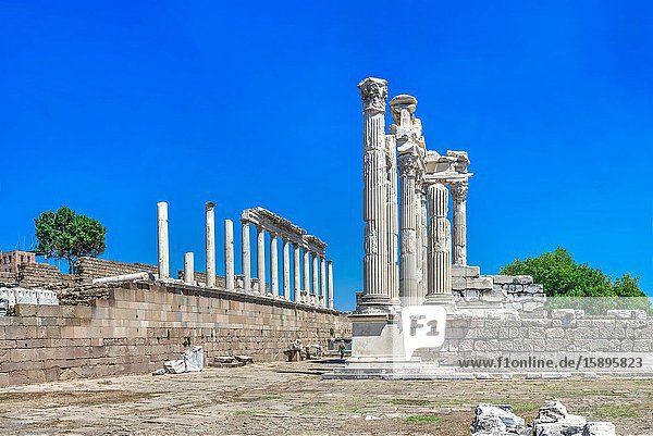 Ruins of the Temple of Dionysos in the Ancient Greek city Pergamon Turkey. Big size panoramic view on a sunny summer day.