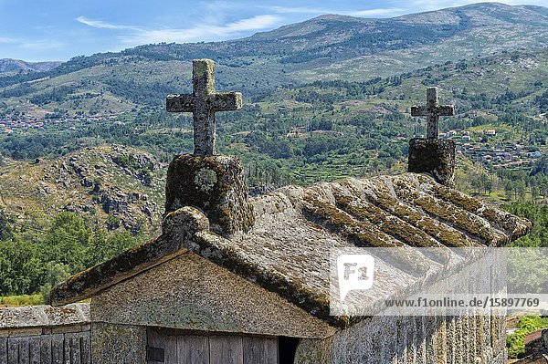 Traditional Espigueiros, Granary, Soajo village, Peneda Geres National Park, Minho province, Portugal.