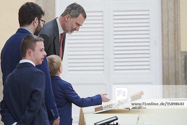 King Felipe VI of Spain attends 38th edition of the school contest ‘What is a King for you?’ at El Pardo Royal Palace on March 9 2020 in Madrid Spain