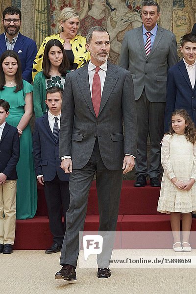 King Felipe VI of Spain attends 38th edition of the school contest ‘What is a King for you?’ at El Pardo Royal Palace on March 9 2020 in Madrid Spain