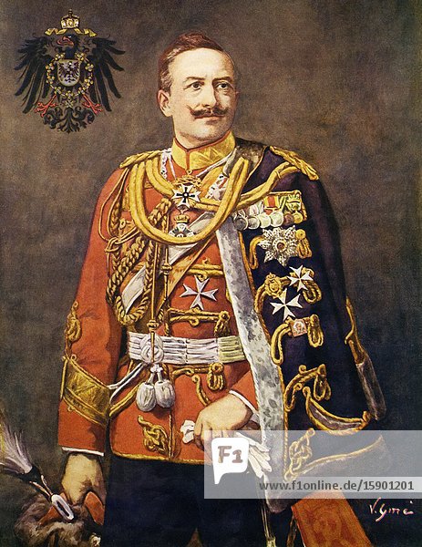 Color portrait of William II of Germany. Wilhelm II Friedrich Wilhelm Viktor Albrecht von Preussen (Berlin 1859 - Doorn 1941)  was the last emperor or kaiser of the German Empire and the last king of Prussia. He was the eldest son of Frederick III and the princess of the United Kingdom Victoria. First World War illustrated by Augusto Riera.