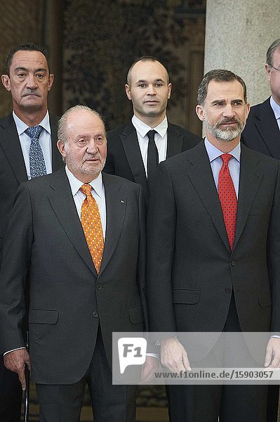 King Felipe VI of Spain King Juan Carlos of Spain attend National Sport Awards 2015 at Royal Palace of El Pardo on January 23 2017 in Madrid Spain.King Felipe VI has decided to renounce the inheritance of King Juan Carlos of Spain ‘that could personally correspond to him ’ announced this Sunday the Casa del Rey in a statement in which he also advances that King Juan Carlos of Spain stops receiving the assignment he has fixed in the Budgets of the House of SM the king.
