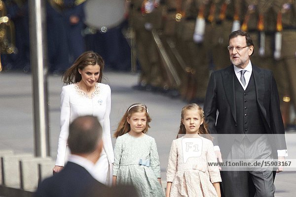 King Felipe VI of Spain Queen Letizia of Spain Princess of Asturias Leonor and Princess Sofia arrives to Congress for the crowing on June 19 2014 ahead of a joint session of parliament.