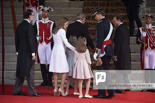 King Felipe VI of Spain Queen Letizia of Spain Princess of Asturias Leonor and Princess Sofia arrives to Congress for the crowing on June 19 2014 ahead of a joint session of parliament.