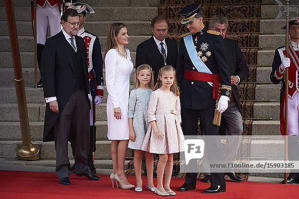 King Felipe VI of Spain Queen Letizia of Spain Princess of Asturias Leonor and Princess Sofia arrives to Congress for the crowing on June 19 2014 ahead of a joint session of parliament.