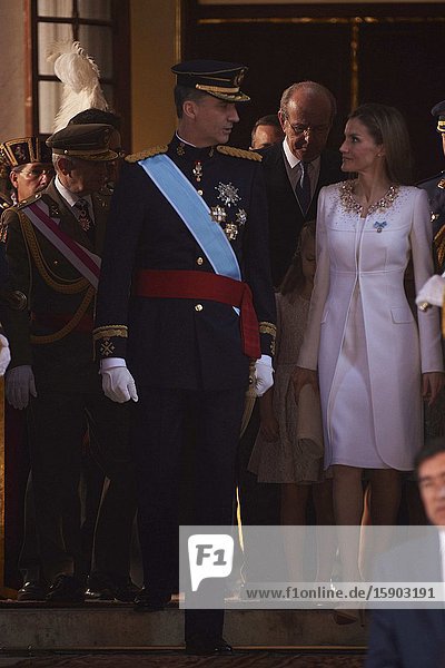 King Felipe VI of Spain Queen Letizia of Spain Princess of Asturias Leonor and Princess Sofia attends a Military Parade at the Congress for the crowing on June 19 2014 ahead of a joint session of parliament.