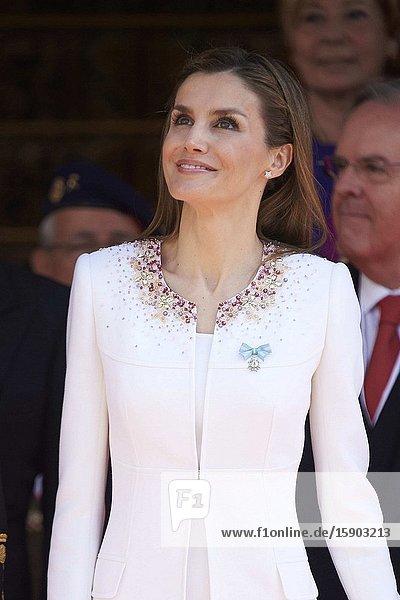 King Felipe VI of Spain Queen Letizia of Spain Princess of Asturias Leonor and Princess Sofia attends a Military Parade at the Congress for the crowing on June 19 2014 ahead of a joint session of parliament.