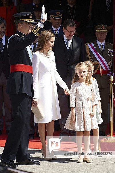 King Felipe VI of Spain Queen Letizia of Spain Princess of Asturias Leonor and Princess Sofia attends a Military Parade at the Congress for the crowing on June 19 2014 ahead of a joint session of parliament.