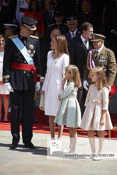 King Felipe VI of Spain Queen Letizia of Spain Princess of Asturias Leonor and Princess Sofia attends a Military Parade at the Congress for the crowing on June 19 2014 ahead of a joint session of parliament.