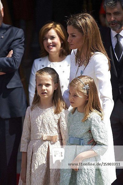 King Felipe VI of Spain, Queen Letizia of Spain and daughters Princess  Sofia and Princess Leonor, Princess of Asturias at the Congress of Deputies  during the Kings first speech to make his
