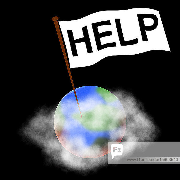Planet Erde mit 'Help' auf der Flagge