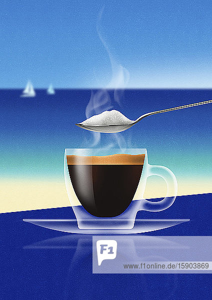 Ein Löffel Zucker über einem Glas Espresso an der Küste