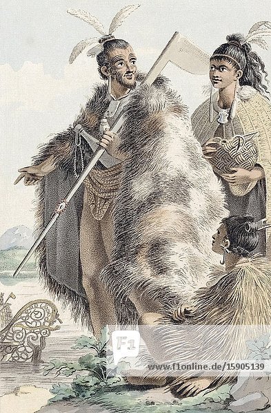 Maoris of New Zealand. After an early 19th century print.