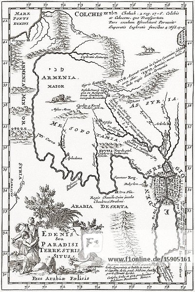 Imagined situation of the Garden of Eden in this case in Mesopotamia just east of Babylon. After a map by Jan Luyken from a work by Samuel Bochart 1599-1667 in Borchart's 'Geographia Sacra' (Leiden 1692). Bochart places the Garden of Eden at the confluence of Euphrates and Tigris. The tiny figures of Adam and Eve are just visible.