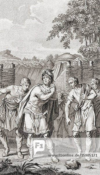 Hannibal weeps when he sees the head of his brother Hasdrubal. Hasdrubal's Carthaginian army had been defeated by Roman consuls Marcus Livius and Gaius Claudius Nero at the Battle of the Metaurus 207 BC during the Second Punic War. Claudius Nero had Hasdrubal's corpse beheaded and the head thrown into the Carthaginian camp.