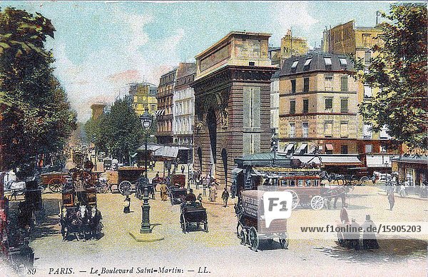 Boulevard Saint-Martin Paris France circa 1900. After a contemporary postcard.