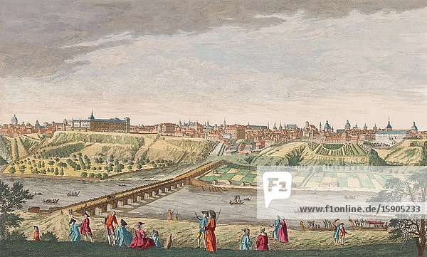 A general view of the city of Madrid the capital of the kingdom of Spain. After an anonymous work dated 1752. Later colourization.