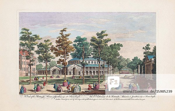 A view of the Rotunda House & Gardens &c. at Ranelagh. From an engraving dated 1751 by Nathaniel Parr after a work by Antonio Canaletto. Later colourization. Ranelagh Gardens Chelsea London.