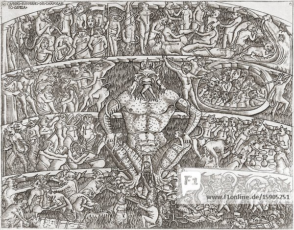 A medieval vision of Hell. The Devil and his assistants attend to recently arrived sinners. After a later version of an anonymous 15th century work.