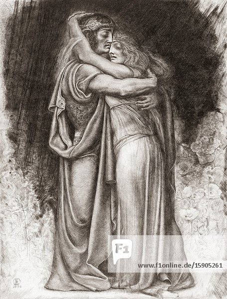 Tristan and Isolde. Characters from Richard Wagner's opera Tristan und Isolde. After an etching by Spanish artist Rogelio de Egusquiza y Barrena 1845-1915.