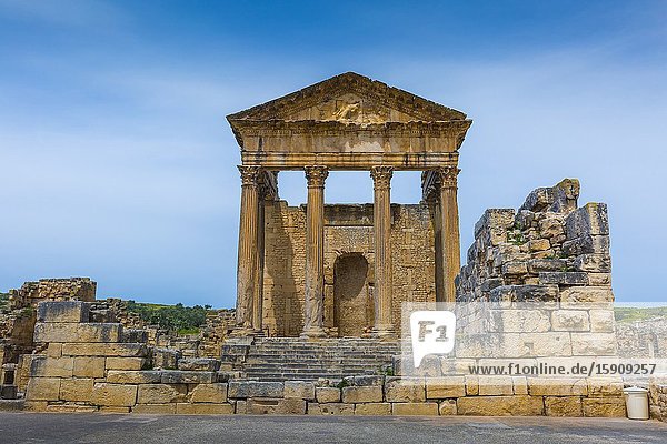 The Capitol. Dougga Roman city ruins. Tunisia.