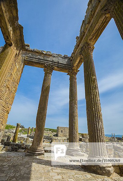 The Capitol. Dougga Roman city ruins. Tunisia.
