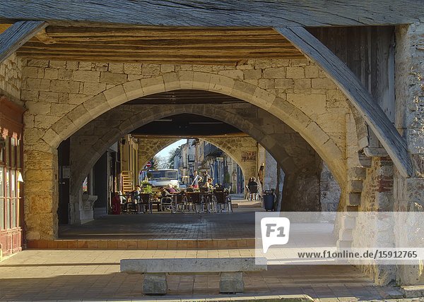 Medieval archway in the Place de la Halle Villereal Lot-et-Garonne Department Nouvelle-Aquitaine France.