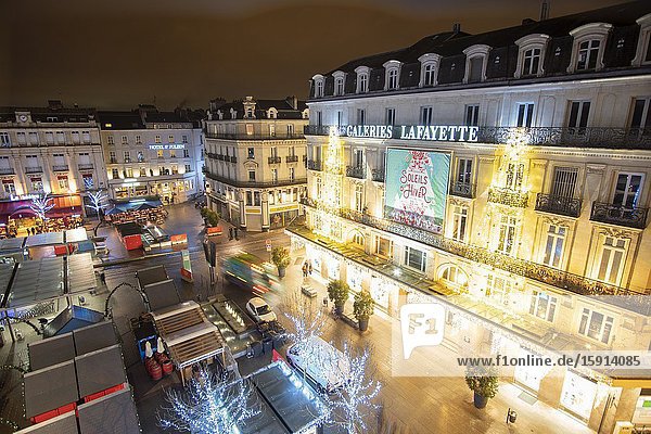 Angers Loire valley France on December 27 2019: Christmas market at Place du Ralliement by night.