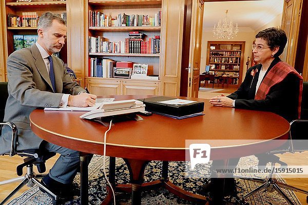 King Felipe VI of Spain Arancha Gonzalez Laya attend a meeting at Zarzuela Palace on April 7 2020 in Madrid Spain