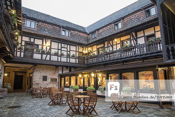 Medieval architecture in Obernai on May 14 2016 in Alsace France.