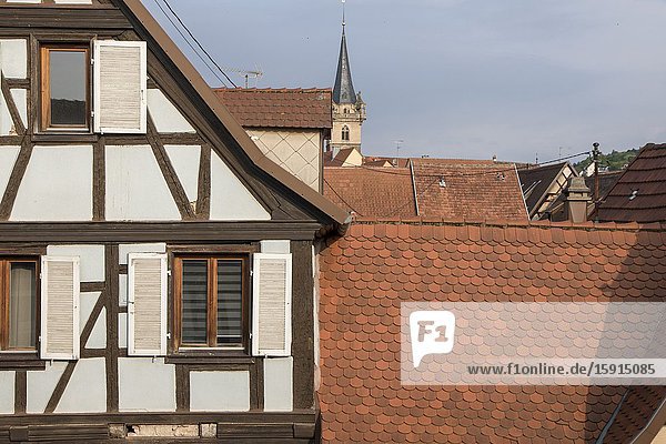 Medieval architecture in Obernai on May 14 2016 in Alsace France.