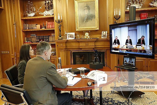 King Felipe VI of Spain Queen Letizia of Spain attends a videoconference with those responsible for the State Society Correos y TelŽgrafos have explained to them the measures adopted by # COVID19 to adapt their work system as well as other actions to distribute medical supplies at Zarzuela Palace on April 13 2020 in Madrid Spain