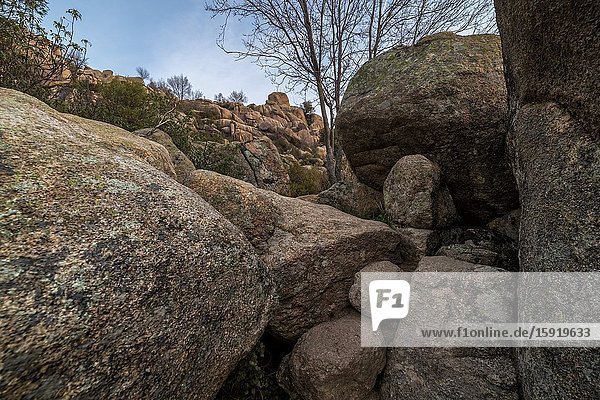 Granite rocks and cliffs at The Pedriza Regional Park. Madrid. Spain. Europe.