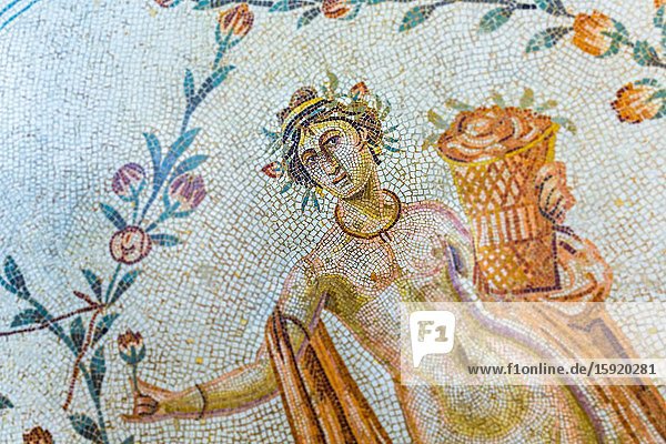 Mosaic of Triumph of Neptune. Detail of four season. Bardo National Museum. Tunis city. Tunisia Africa.