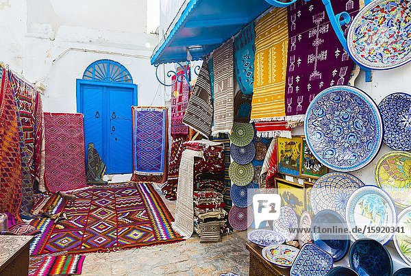 Street view with carpets. Sidi Bou Said village. Tunisia Africa.
