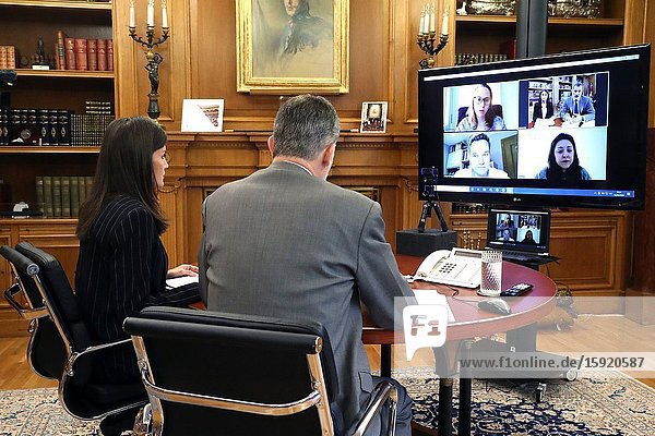 King Felipe VI of Spain Queen Letizia of Spain attends a videoconference with a representation of the Itaca Educational Association which constitutes a social lifeguard in a highly vulnerable neighborhood of L'Hospitalet serving weekly more than 1 500 people at risk of exclusion at Zarzuela Palace on April 14 2020 in Madrid Spain