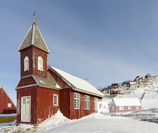 Museum and church located in buildings dating back to the founding of the colony. Winter in the town of Upernavik in the north of Greenland at the shore of Baffin Bay. America   Denmark  Greenland.