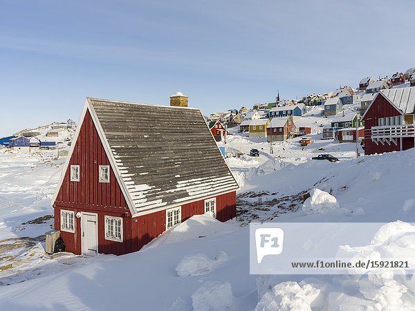 Museum located in buildings dating back to the founding of the colony. Winter in the town of Upernavik in the north of Greenland at the shore of Baffin Bay. America   Denmark  Greenland.