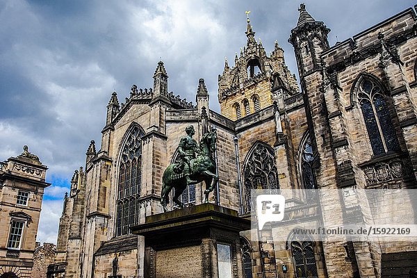 Equestrian statue of King Charles II St Giles Cathedral Parliament Square Old town of Edinburgh Scotland United Kingdom Europe.