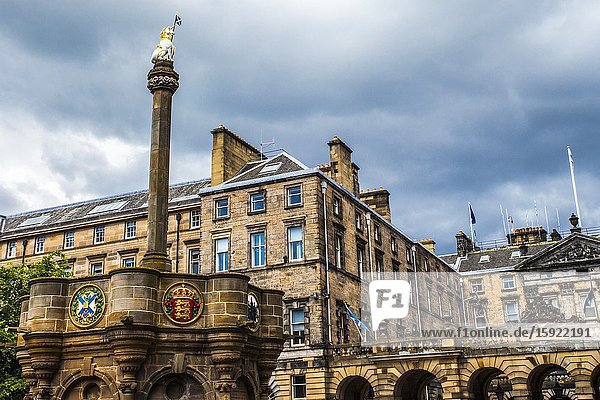 Mercat Cross Parliament Square Royal Mile Old Town Edinburgh Scotland United Kingdom Europe.
