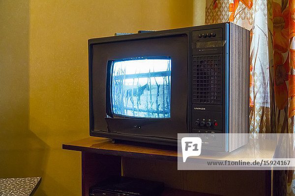 Television in Nowa Huta Communist Neighborhood Apartment Stalin Post World War II Krakow Poland Europe EU.