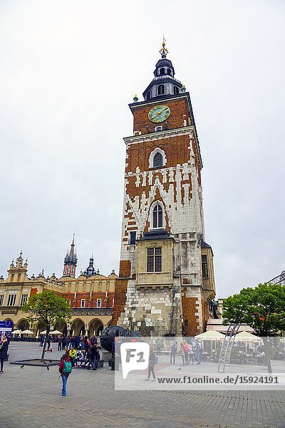 Rynek Glowny Town Hall Clock Tower Old Main Square Krakow Poland Europe EU.