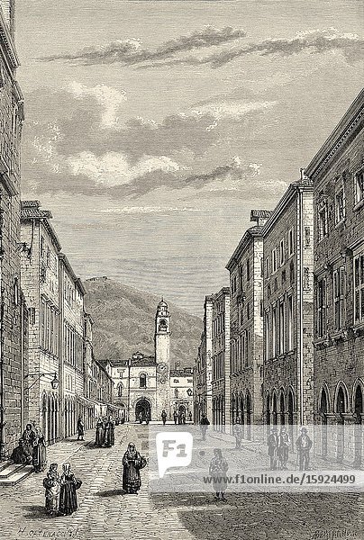 Stradone  main street in Dubrovnik  Croatia  Europe. Old engraving illustration Trip to Istria & Dalmatia 1874 by Charles Yriarte.