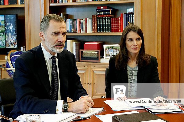 King Felipe VI of Spain Queen Letizia of Spain attends a videoconference with Farmaindustria at Zarzuela Palace on April 21 2020 in Madrid Spain