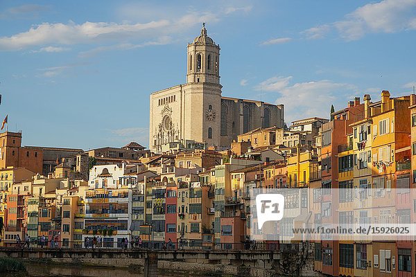 The Houses on the River Onyar and Saint Mary cathedral, Girona, Catalonia, Spain, Europe