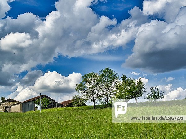 Farm buildings and grassy field Lauzun Lot-et-Garonne Department Nouvelle Aquitaine France.