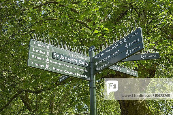 Direction sign St. James Park Westminster London England United Kingdom Capital River Thames UK Europe EU.