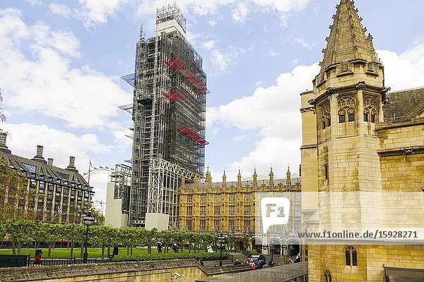 Big Ben Renovation with scaffolding London England United Kingdom Capital River Thames UK Europe EU.